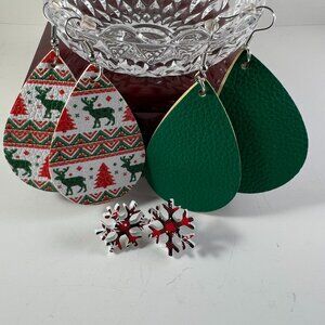 Christmas-Themed Faux Leather Dangle Earrings & Snowflake Studs